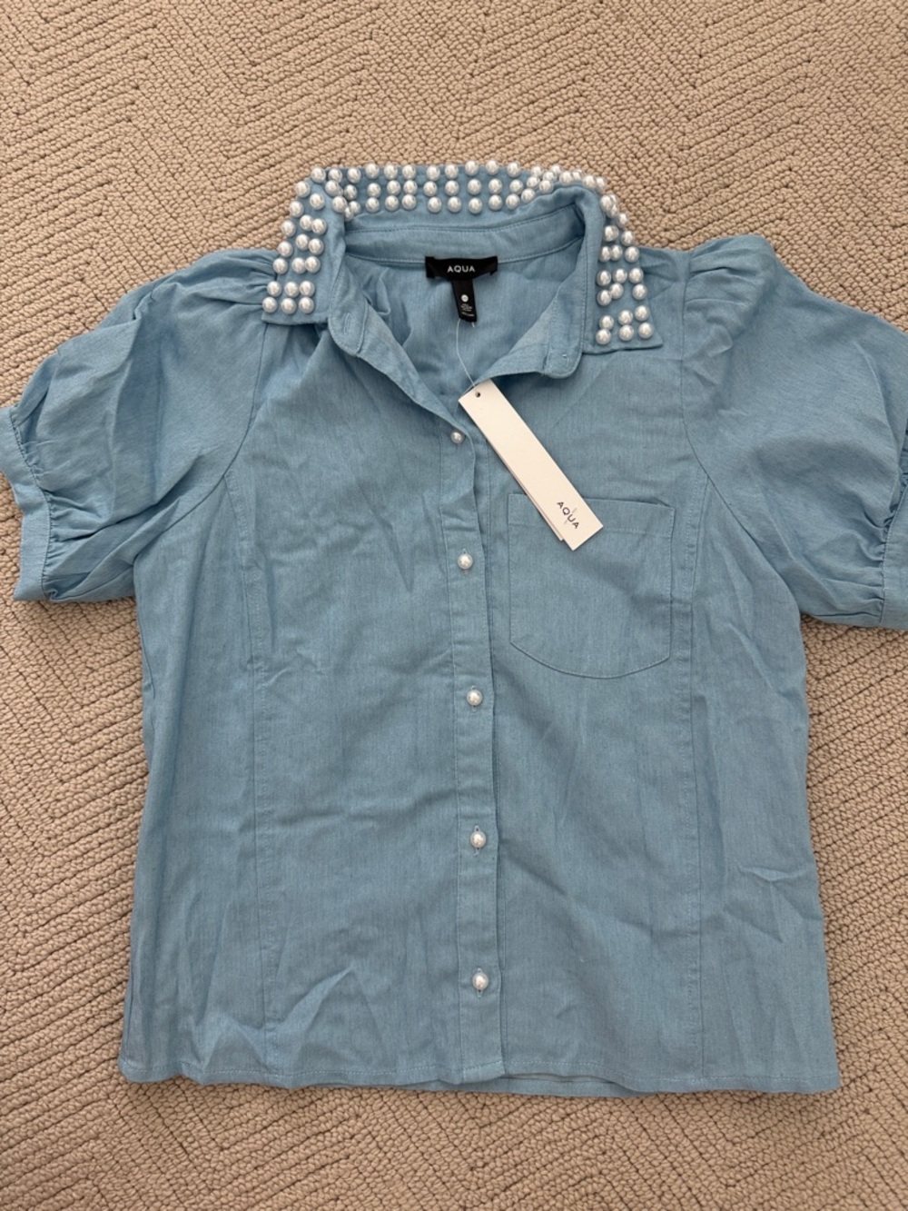 Aqua Light Blue Short-Sleeve Pearl-Collar Button-Down Shirt